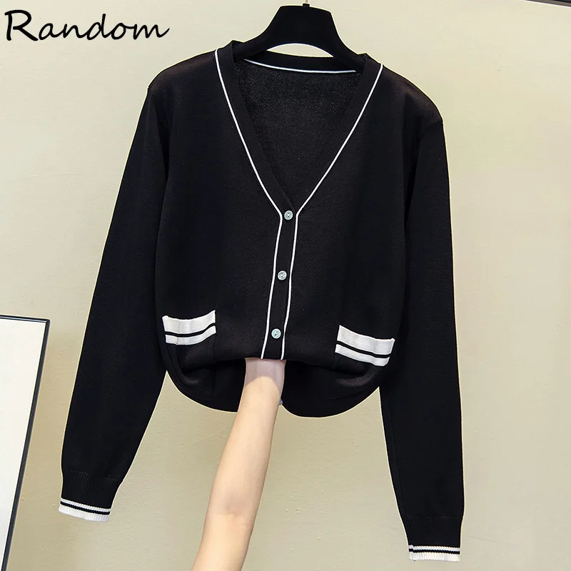 Черный белый однобортный вязаный кардиган осенний элегантный классический