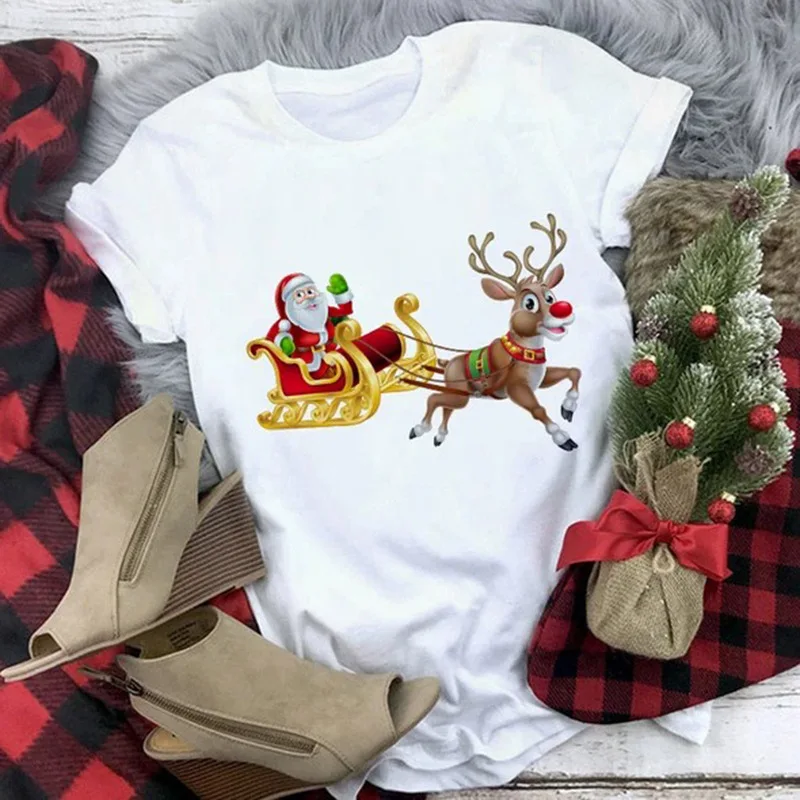 

Christmas Elk Shirt Santa Claus 2022 Happy New Year Holiday Tees Christmas Tree Snowman Print Cartoon Fashion Graphic T Shirts
