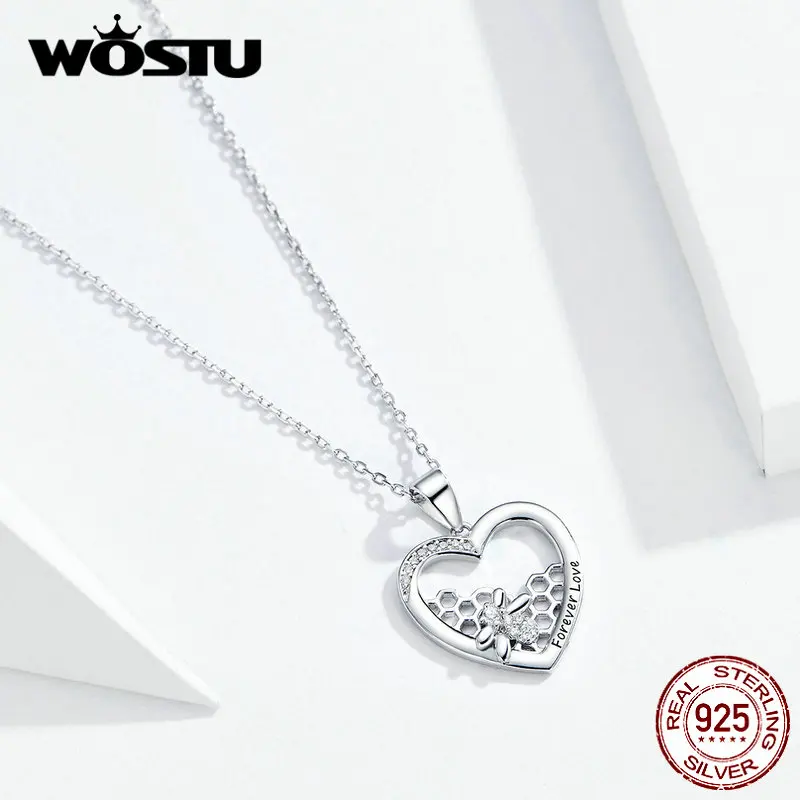 WOSTU, 925 пробы, Серебряное сердце, ожерелья, соты, пчела, подвеска, звено цепи для женщин, юбилей, любителя, роскошные ювелирные изделия CQN356