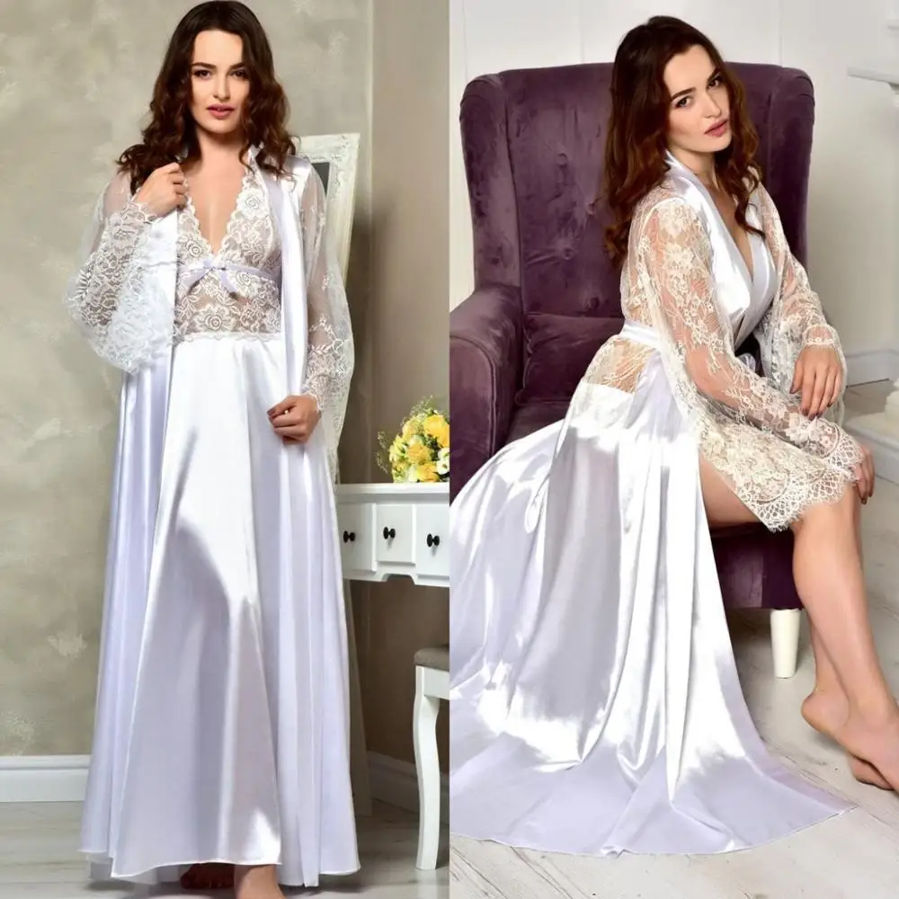 

Two Pieces White Bridal Robes Lace Silk Satin Wedding Sleepwear Bathrobes Nightgowns Robe Women Boudoir Dresses Kimono Sexy