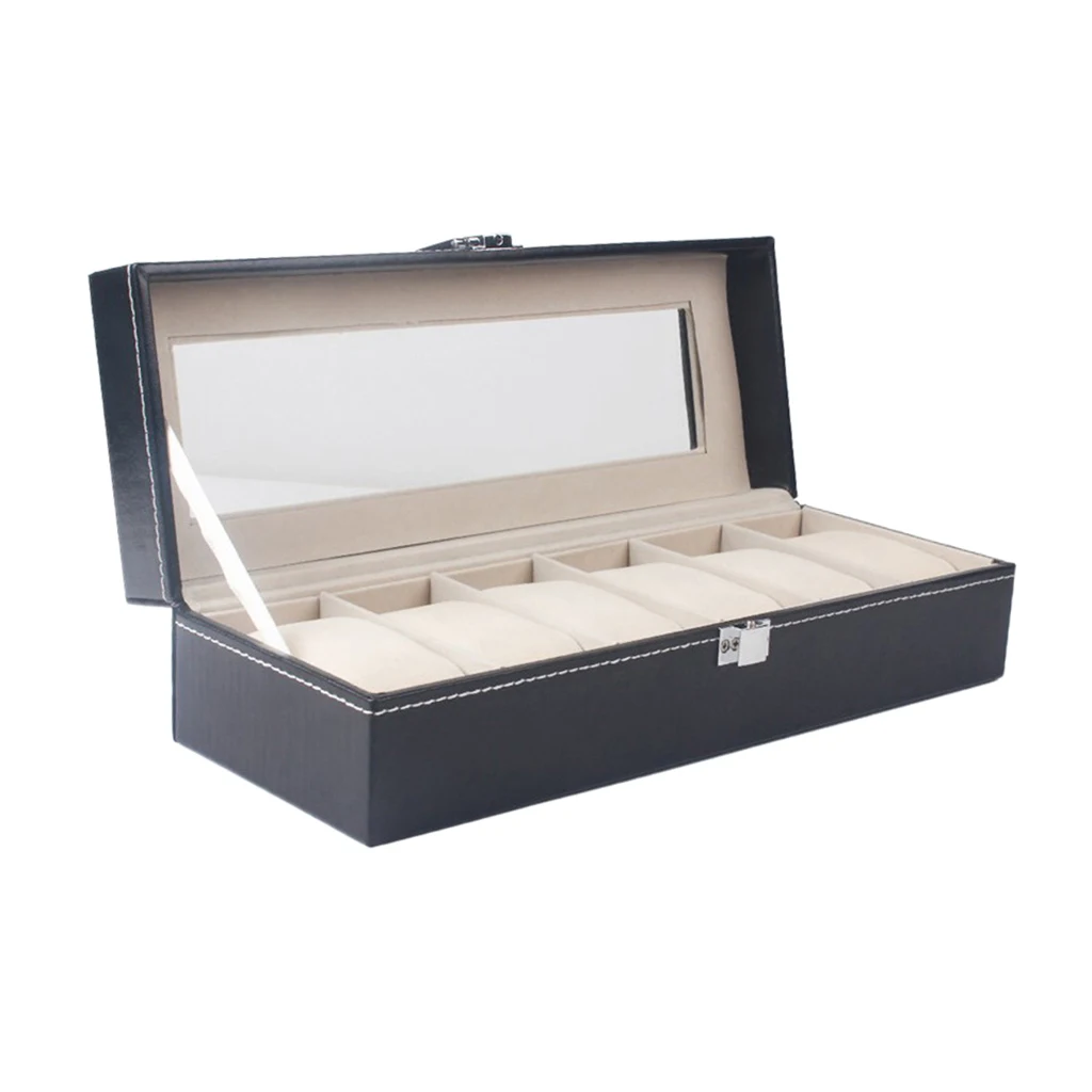 

6 Slot Pu Leather Watch Box Jewelry Storage Organizer Glass Lid Watch Showcase
