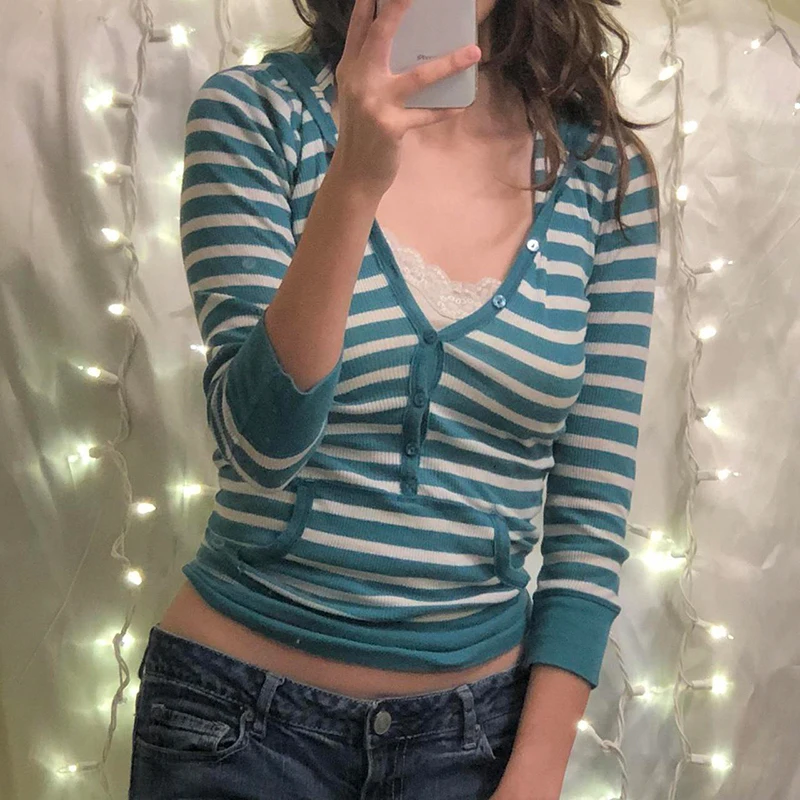 

Women's Knit Tops, Long Sleeve Stripe Print V Neck Half Button Casual Pullover Hoodie with Pocket