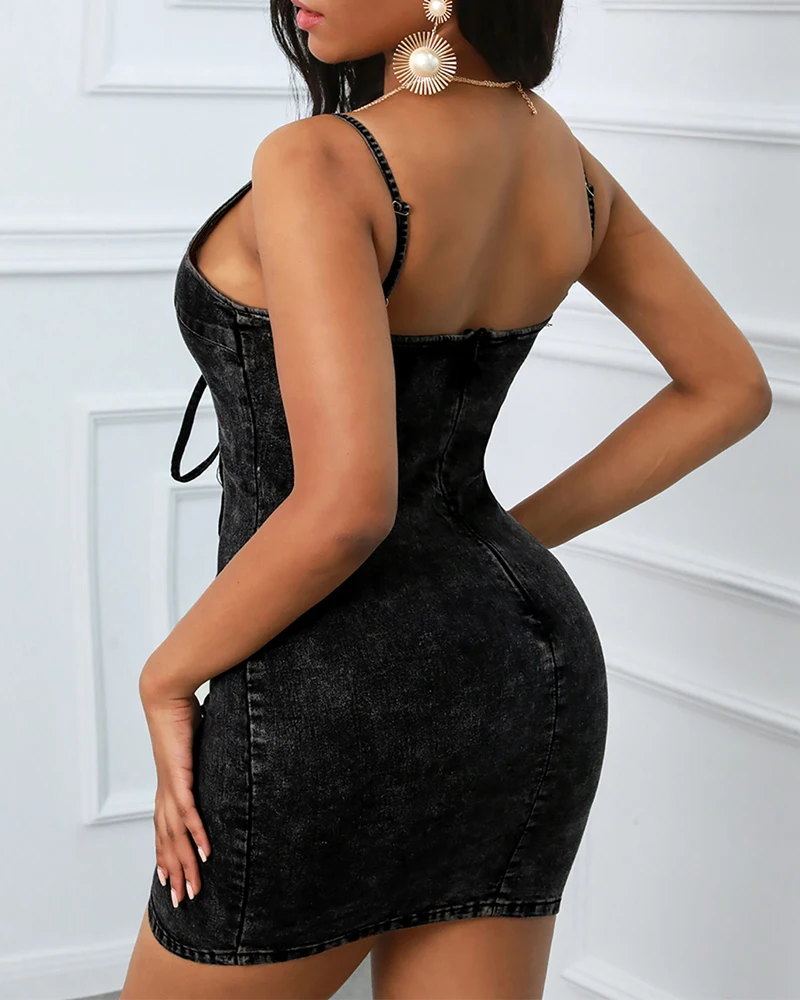 

Summer Women Fashion Casual Short Dress Eyelet Lace-up Denim Bodycon Mini Dress