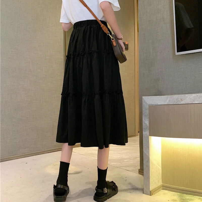

Skirts Women Solid Fungus Elastic Waist Loose Ruched Midi Skirt Student Harajuku Simple Fashion Casual