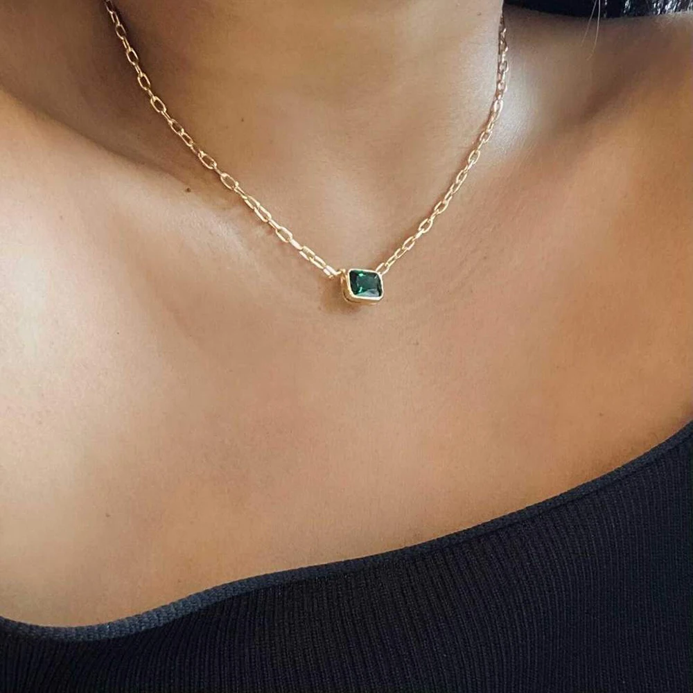 Lost Lady The Green Emerald Reda Link Necklace Fashion Diamond-Studded Ladies Alloy Necklace Jewellery