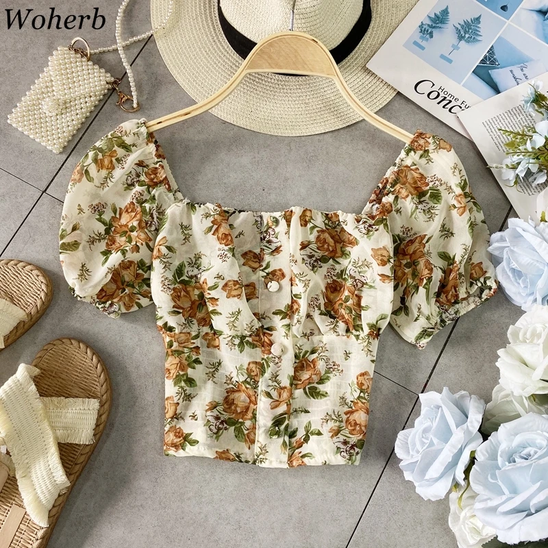 Женская шифоновая рубашка с буфами на рукавах Woherb короткая приталенная блузка