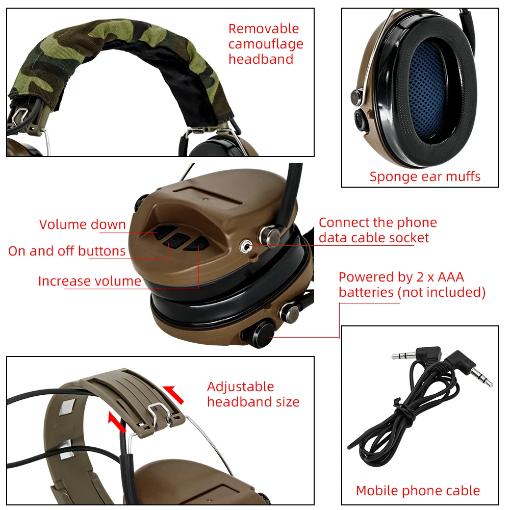 MSASORDIN Electronic Airsoft Headphone Shooting Earmuffs Military Hunting Pickup Noise Cancelling Headphones