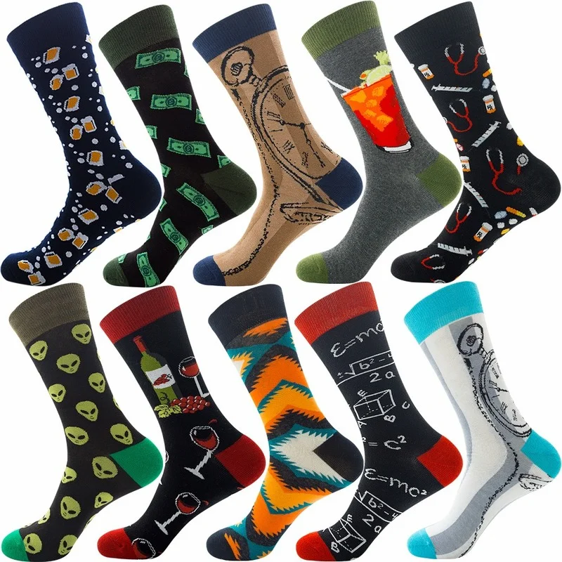 

10 Pairs Men Crew Sock New Autumn Trend Stripe Dot Print Christmas Interesting Animal Harajuku Skateboard Hip-hop Women's Socks
