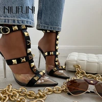 niufuni summer pvc transparent crystal heel rivet women sandals buckle pointed stiletto high heels clear ladies sexy party shoes