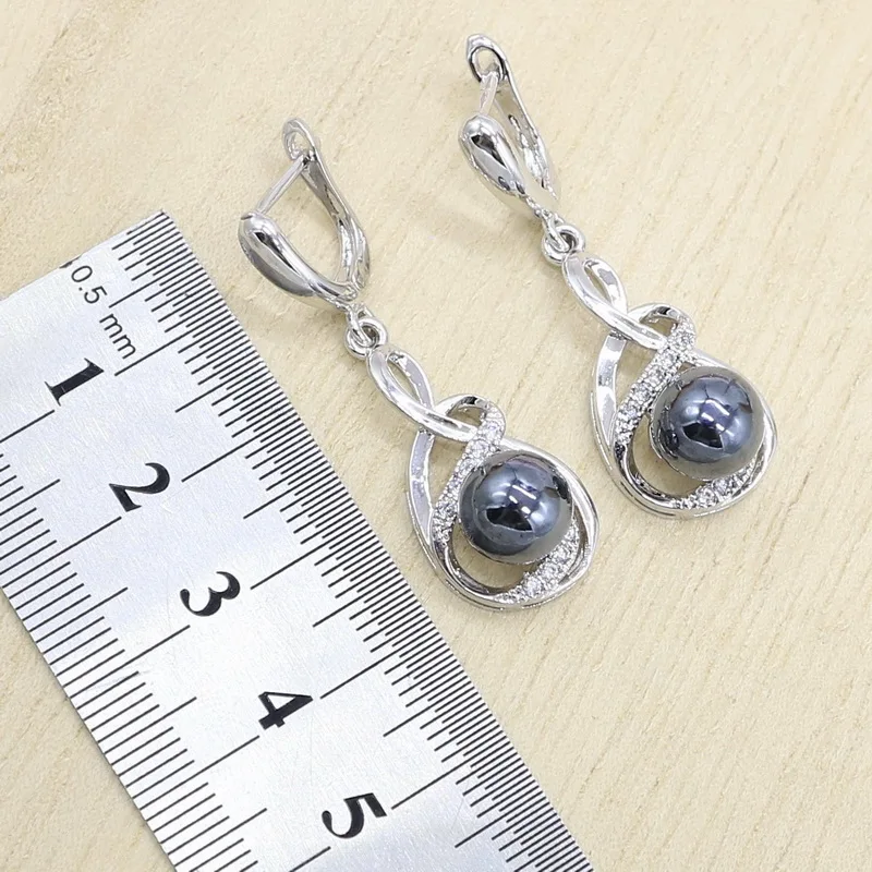 Набор украшений для женщин из черного жемчуга серебряного цвета с цирконом