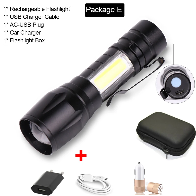 Package E Фонарик USB Перезаряжаемый фонарь масштабируемый фонарик мощный водонепроницаемый фонарь для кемпинга COB светодиодный фонарик - Испускаемый цвет: Package E
