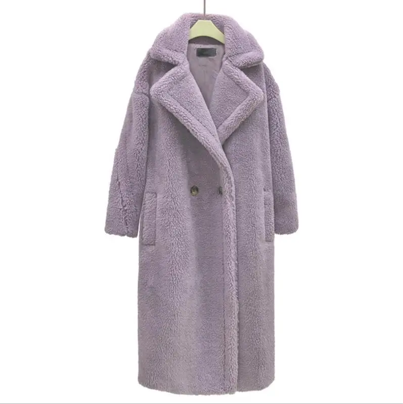 purple Новинка, пальто из искусственного меха, длинное пальто для женщин, пальто из меха ягненка, 10 цветов, плотное пальто для женщин, зимнее плотное шерстяное пальто - Цвет: purple