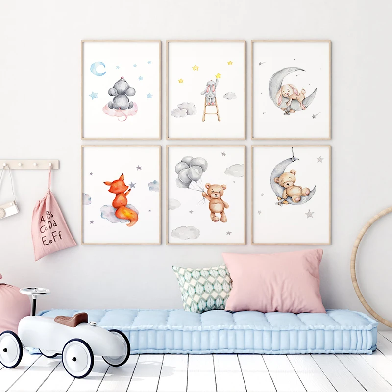 

Cute Watercolor Cartoon Baby Animal Rabbit Picking Stars Little Balloon Bear Canvas Poster Print Baby Room DecorationPicture
