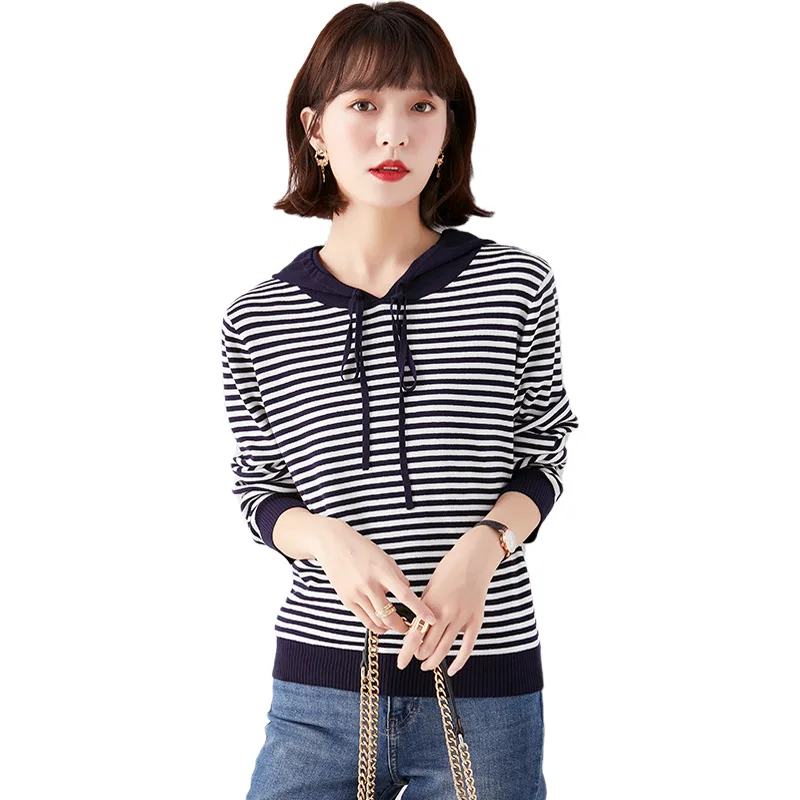 

2020 Aututmn Spring Women Sweater Fashion Casual Striped Pullovers Long Sleeve Elegant Kintted Short Tops Hooded
