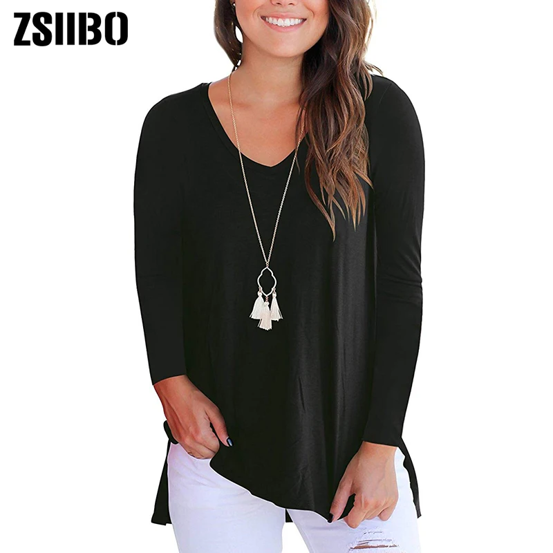 

Черная Женская осенне-зимняя Однотонная футболка в стиле Харадзюку с длинным рукавом и V-образным вырезом, свободная футболка с высоким выр...