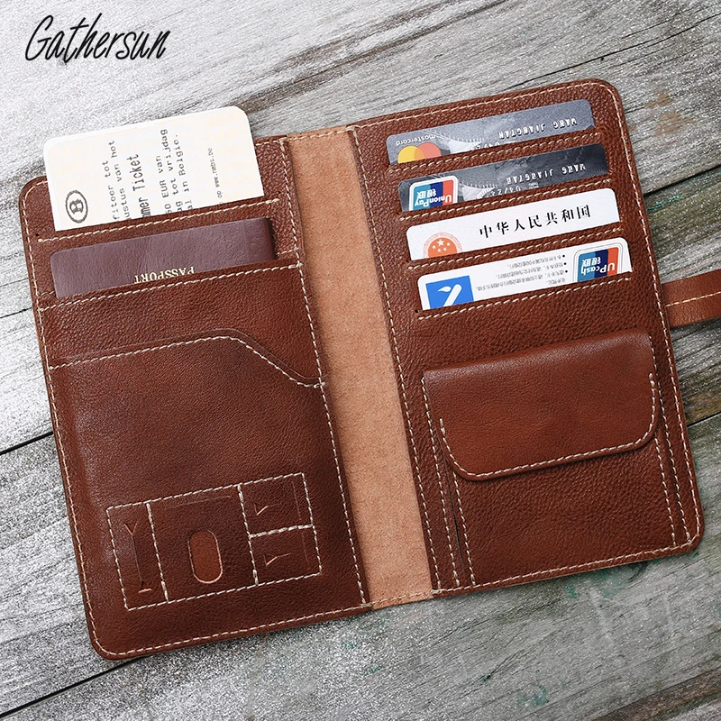 Original Multi-card Slots Large Capacity Genuine Leather Passport Wallet Handmade Leather Business Passport Ticket Organizer Bag