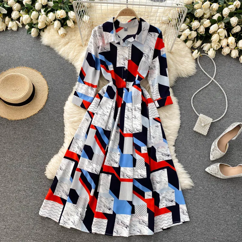 

2021 Summer Runway Vintage Half Sleeve Shirt Style Dress Women Fashion Geometric Print Elegant Office Laies Work Dress N66411
