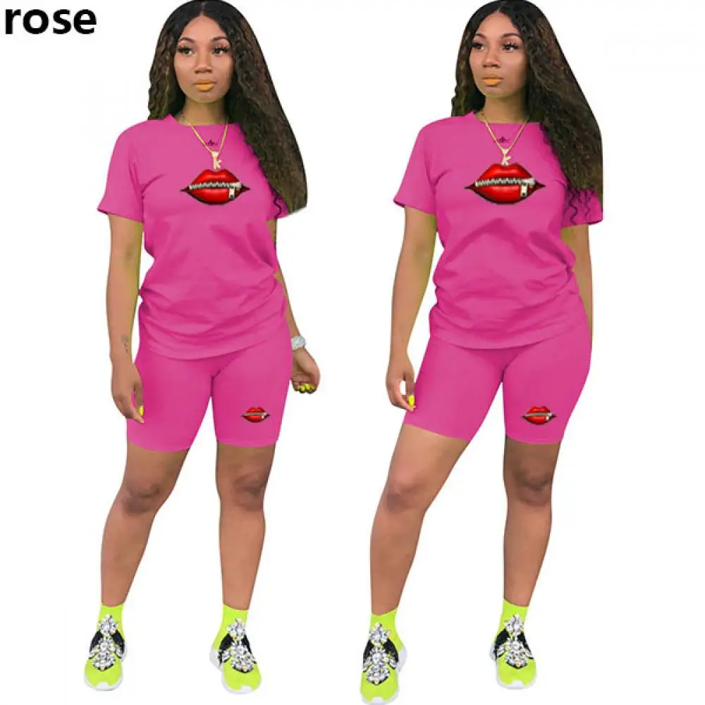 

Summer Mouth Print Classic Women's Set Sporting Short Sleeve O-Neck t-shirt Shorts Legging Pants Suit Two Piece Set Tracksuit