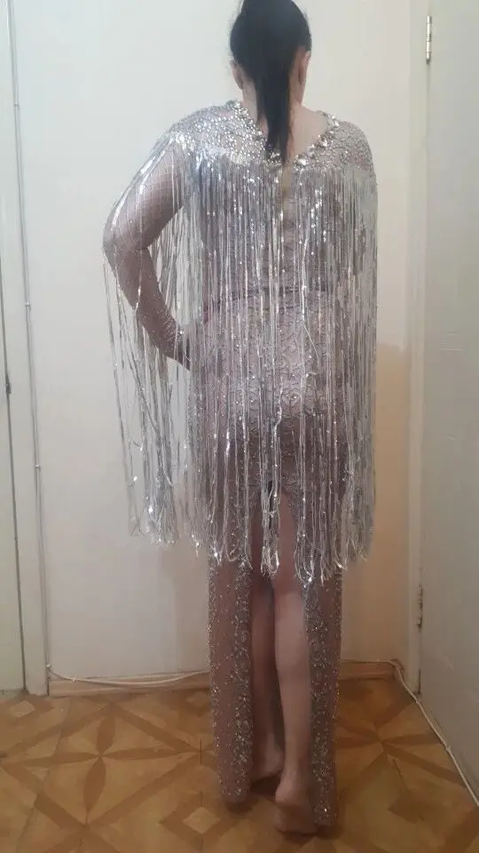 Long Sleeve Crystal Tassels Long Dress Evening Performance Fashion Show Dresses Nightclub Female Singer Concert Party Show Dress