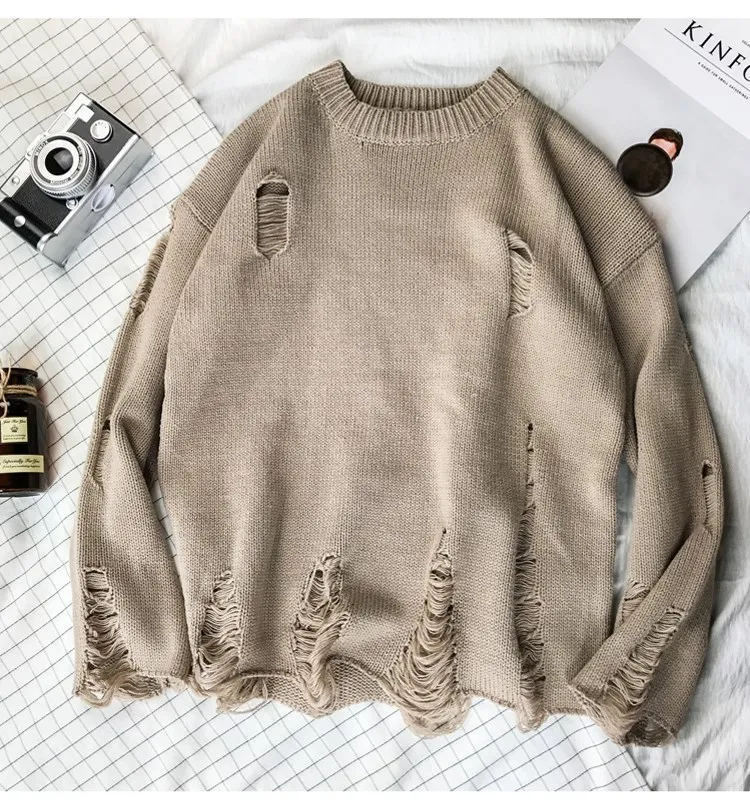 

Men's Retro Ripped Knitted Sweater Fashion Street Loose O-Neck Clothing Spring And Autumn Couples Casual Khaki Top M-2XL 4 Color
