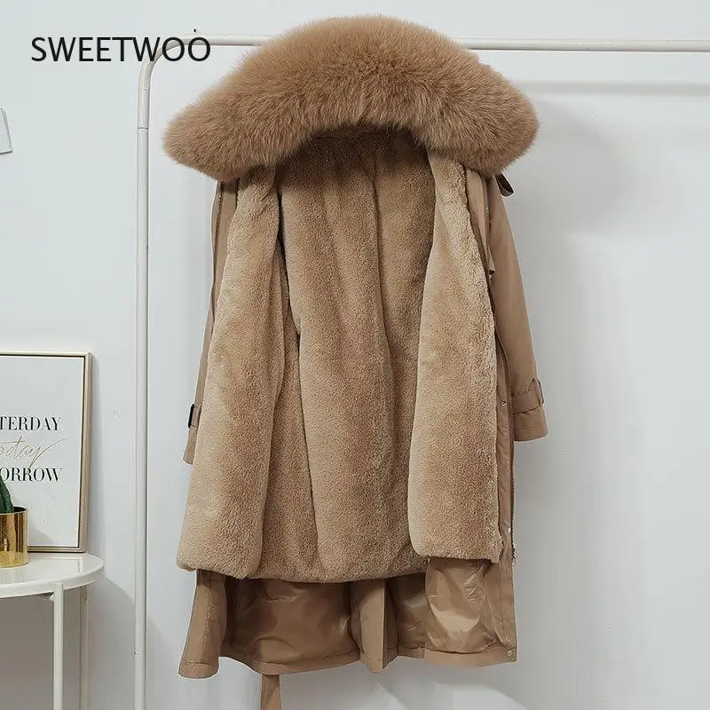 Women Winter Jacket Hooded X-Long Thick Faux Fur Padded Parkas Woman Distachable  Coat Show Thin Korea 2022