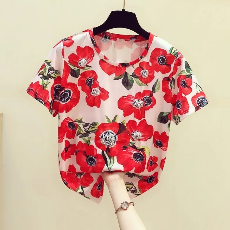 

Top Quality Beaded Diamond Printed Women T-Shrits 2021 Summer New O-Neck Short-Sleeved Slim Lady Pulls Outwear Tops Tees