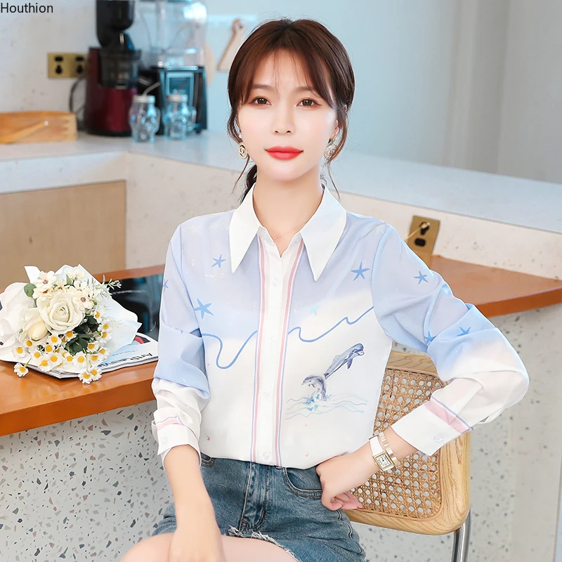 

Женская атласная рубашка-поло с длинным рукавом, с принтом