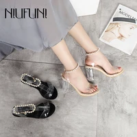 niufuni pearl beaded chain womens sandals pvc transparent crystal heels summer open toe fashion thick high heels buckle shoes