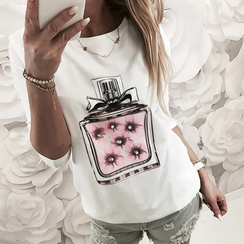 2019 Summer Perfume Printed Round Neck Short Sleeve Tees Women Casual T-Shirt Tops and Shirt | Женская одежда