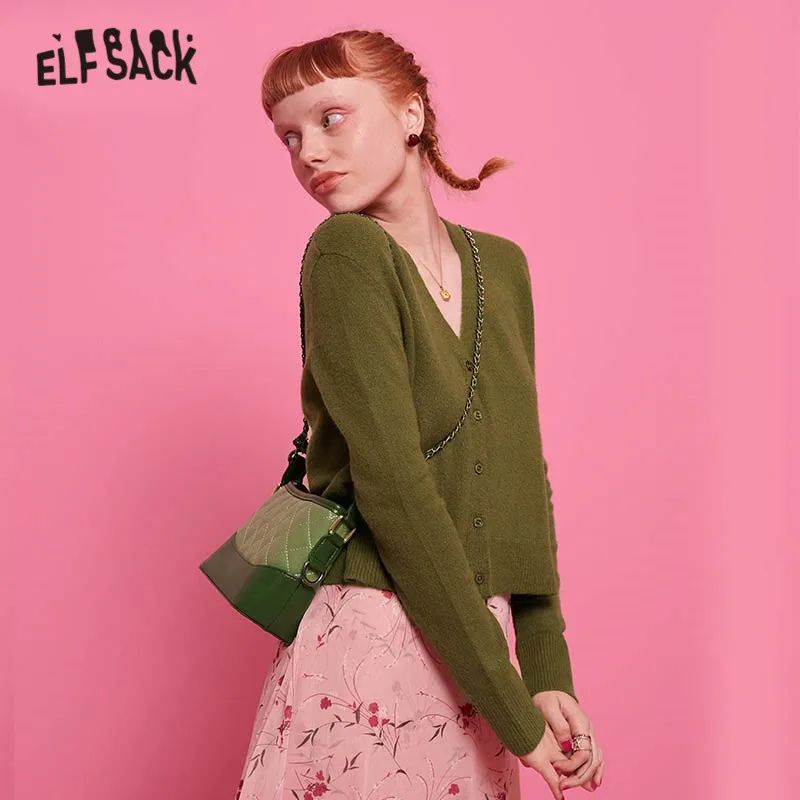 ELFSACK зеленый однотонный короткий Стильный женский кардиган 2019 осень длинный