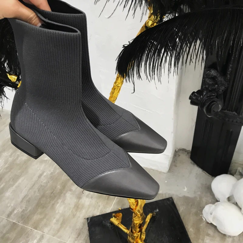 Fashion Ankle Sock Boots Women Block Heels Shoes Stretch Fabric Knitting Winter Booties Female Bootee Woman 2019 Gothic Style | Обувь