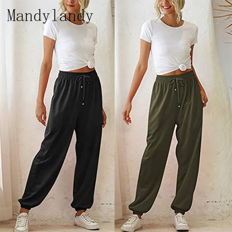 

Mandylandy Long Pants Spring and Autumn Solid Color Loose Lace-up Trousers Women's Casual Straight-Leg Pants