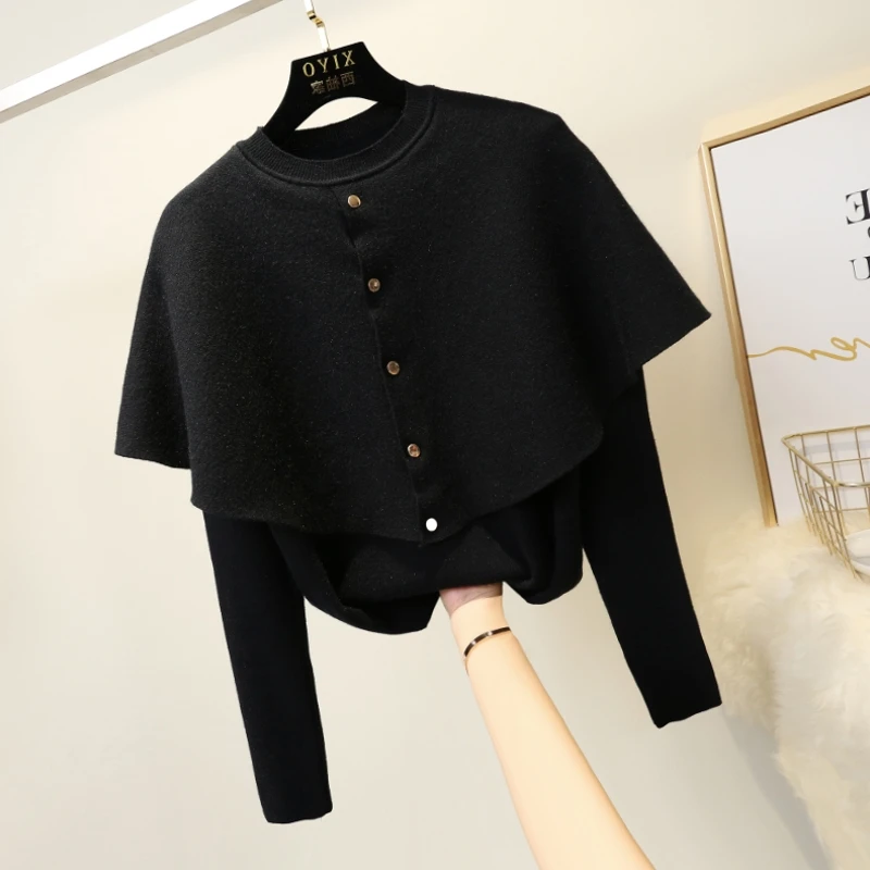 

Новинка 2019, черный свитер кардиганы с оборками, женские модные весенне-осенние топы с круглым вырезом и длинными рукавами, облегающие офисн...