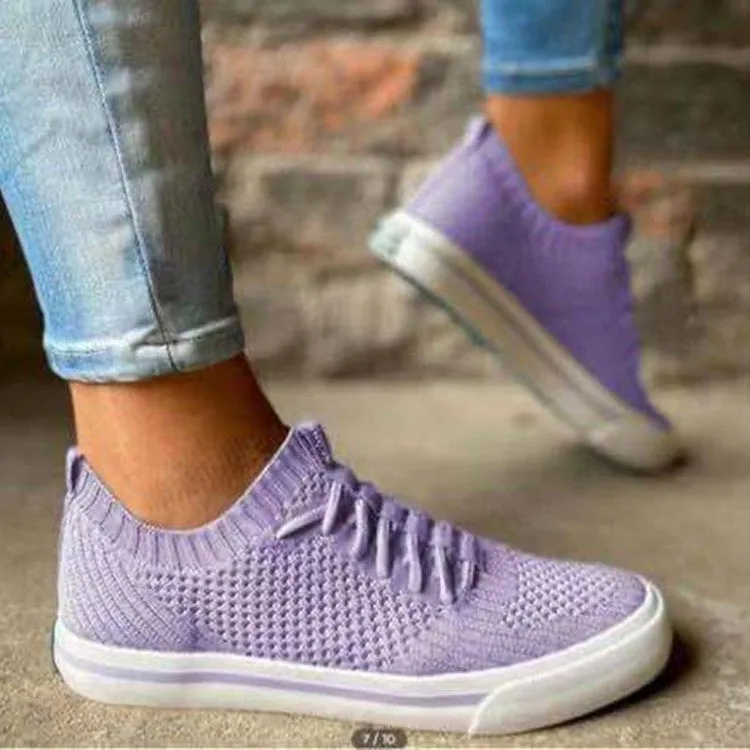 

Женские летние вязаные кроссовки с круглым носком, повседневная женская обувь на плоской подошве, женская обувь без шнуровки на платформе, ...