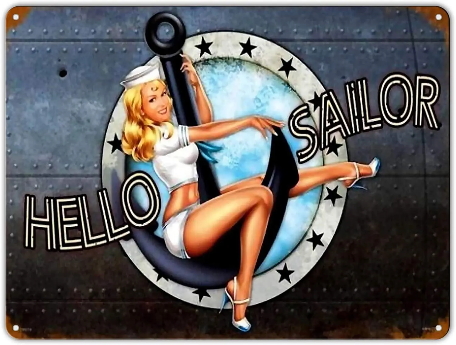 

Sarcarse Hello Sailor Pin-Up Girl Retro Metal Tin Sign Vintage Wall Decor Metal Plaque Poster for Home Club Bar Pub Tavern