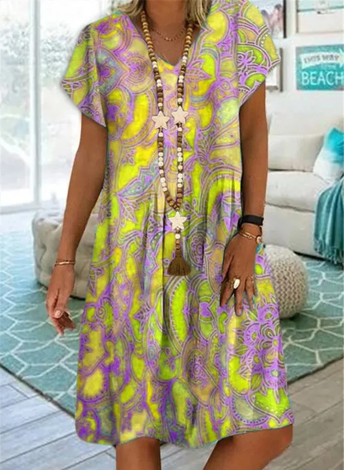 

2021 summer new fashion women's vintage printed v-neck short sleeve casual dress loose summer soft and thin plus size dress