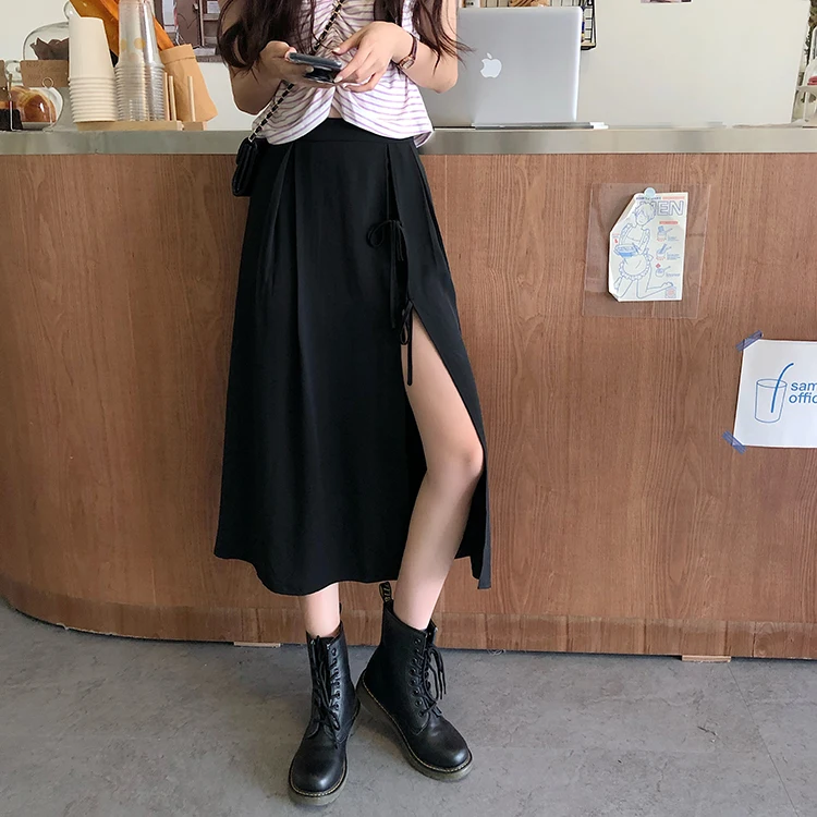 

SML high waist Long Skirts Woman 2020 summer solid color sexy A-line black Skirts womens (71056)