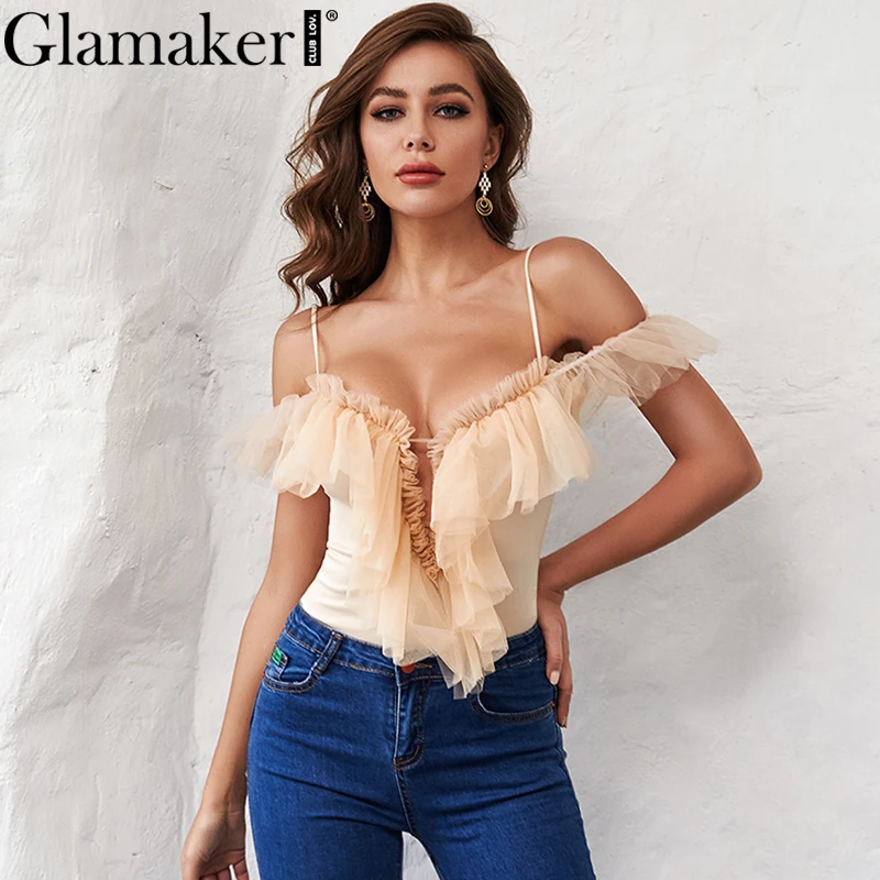 Женская блузка с рюшами Glamaker Сексуальная Блузка v-образным вырезом и открытыми