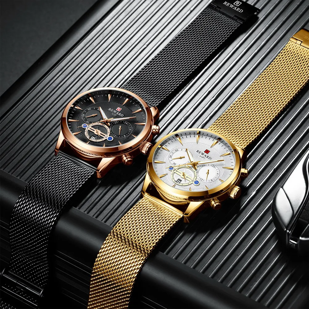 REWARD мужские часы с сетчатым ремешком Модные Кварцевые Светящиеся Роскошные