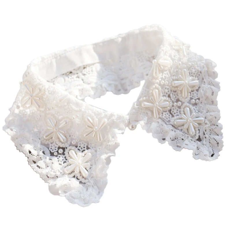 

KLV Women Sweet Imitation Pearl Beading Fake Collar Shawl Wrap Hollow Out Ruffled Lace Necklace Sweater Decorative Short Poncho