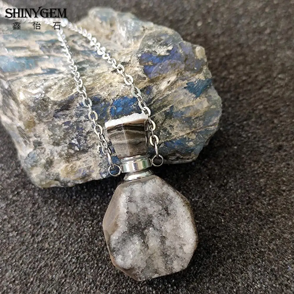 

SHINYGEM позолоченная цепочка из нержавеющей стали, лечебный кристалл, камень, натуральный серый Агат, кварц, Druzy Подвеска в виде бутылочки парф...