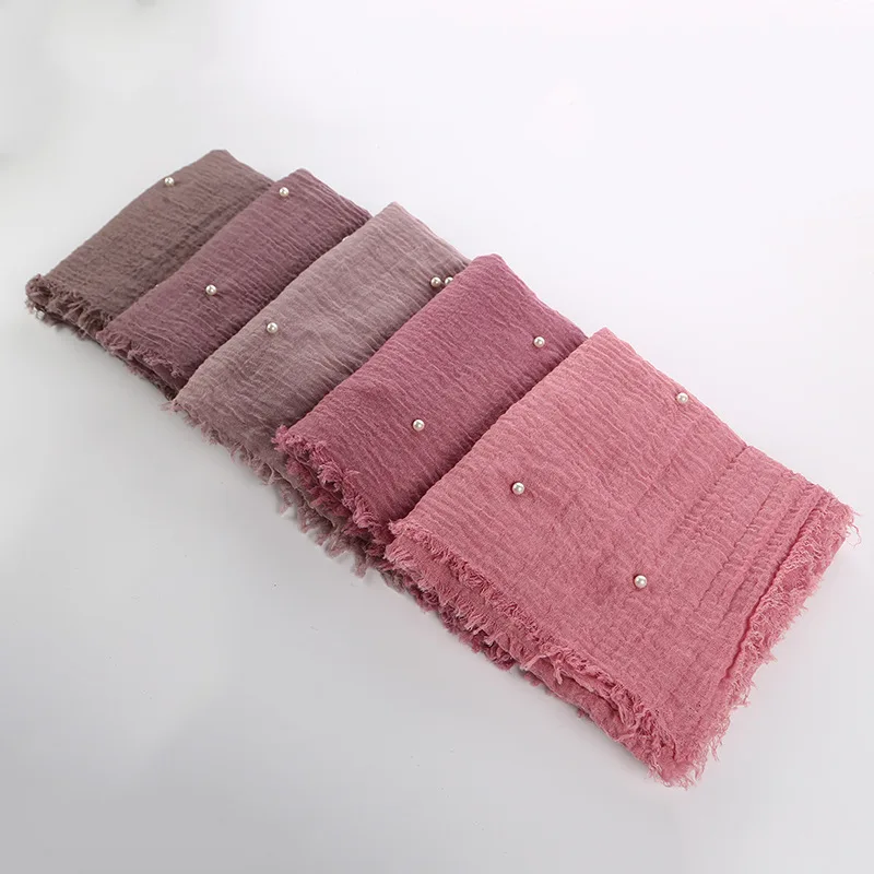 Маленький смятый женский шарф из хлопка и льна двухсторонний 95*180 см жемчужный