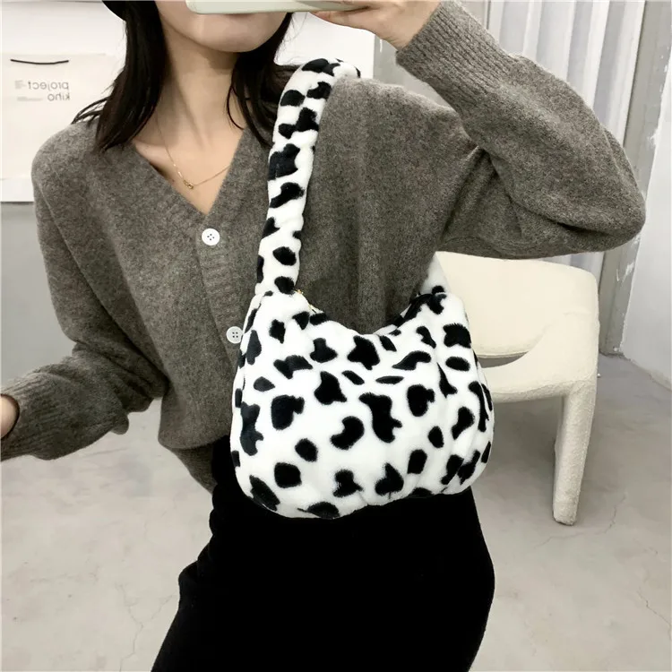 Корейский узор коровы плюшевая сумка на плечо для женщин 2020 Зима Новая Сумка-тоут