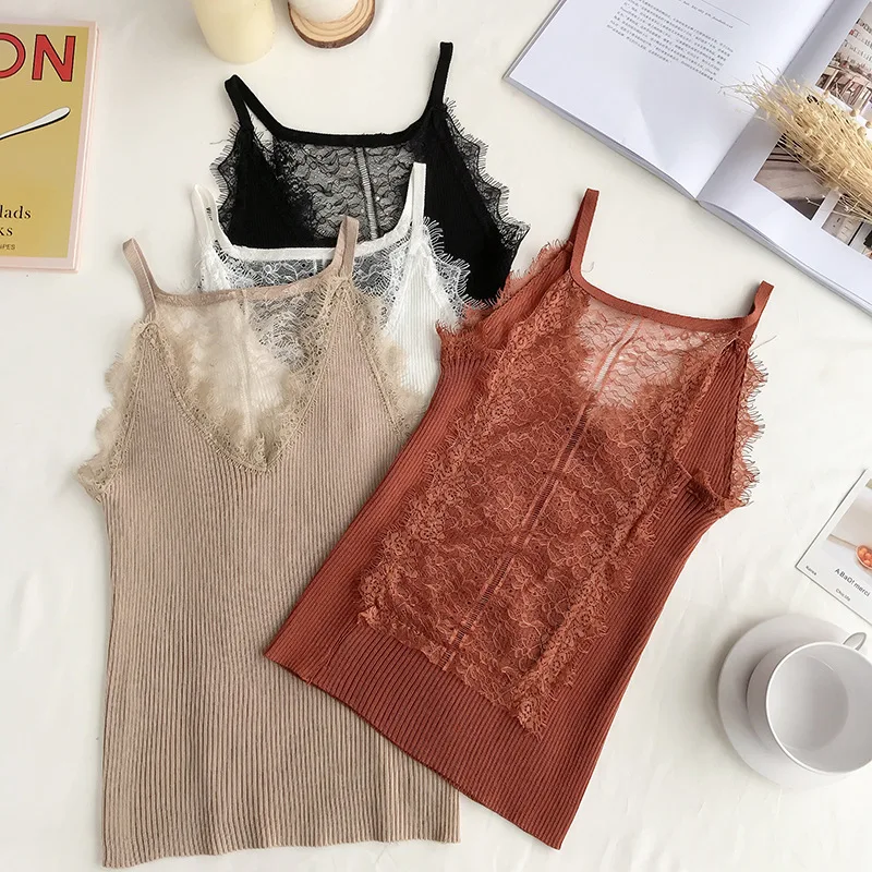 Женская майка из вязаного цветочного кружева однотонная с v-образным вырезом