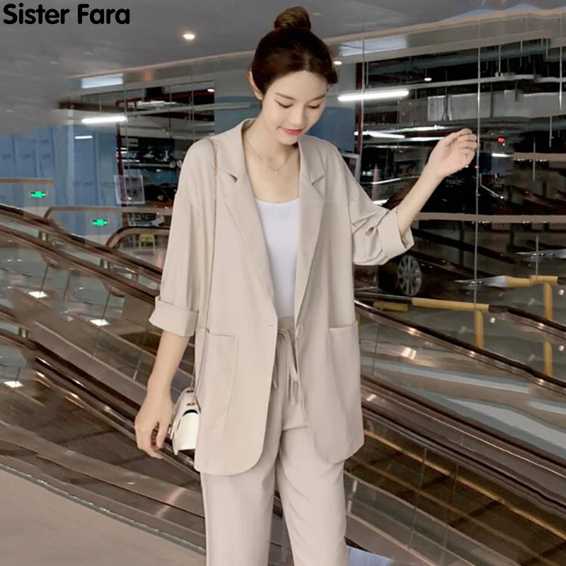 

Sister Fara New Spring 2021 Single Button Half Sleeve Blazers Coat Woman+Drawstring Ankle-Length Pants Office Lady 2 Piece Set