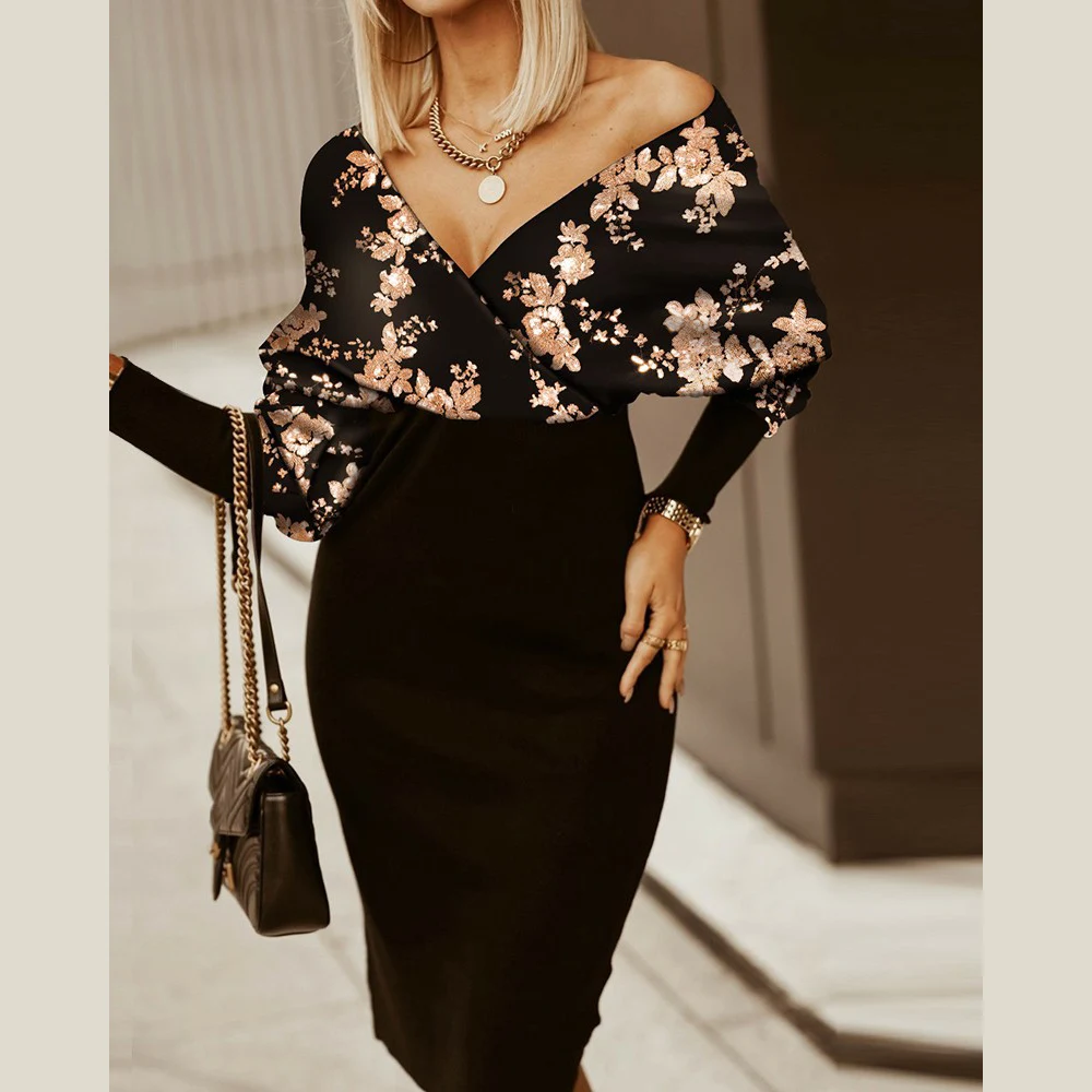 

Office Lady Elegant V-neck Geometric Print Midi Dress Sexy Off Shoulder Slim Splicing Spring Autumn Women Party Dresses Vestidos