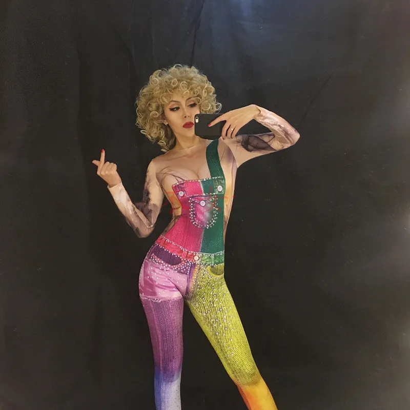 

X69 Party stage costume colorful printed jeans jumpsuit sexy women wears rhinestones bodysuit catwalk siamese stretched