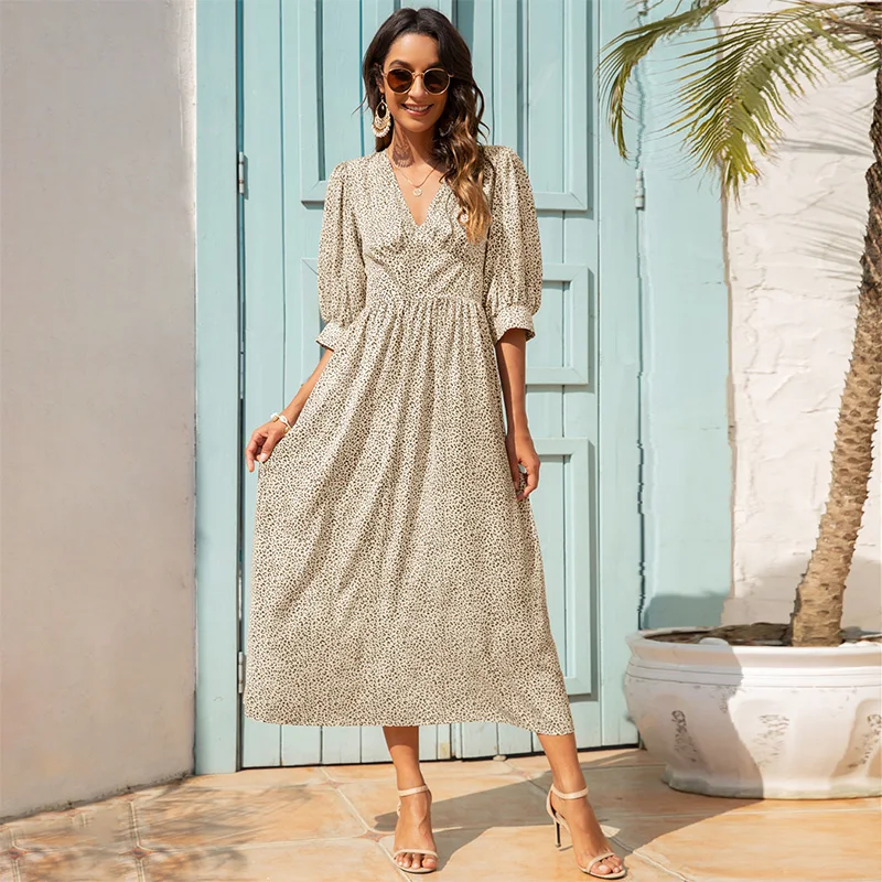 

Summer Boho New Ladies Dress Lantern Sleeve V Neck Elegant Print Streetwear Dresses Women High Waist Big Swing Dress