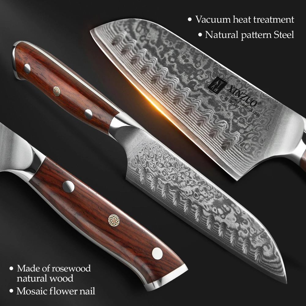 XINZUO 5 дюймовый нож Santoku лезвие из высокоуглеродистой дамасской стали кухонные
