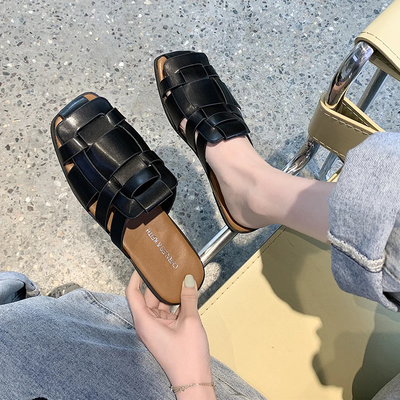 

Cover Toe Flat Shoes Female Mules For Women 2021 Pantofle Ladies' Slippers Luxury Slides New Designer PU Rome Bonded Leather Bas